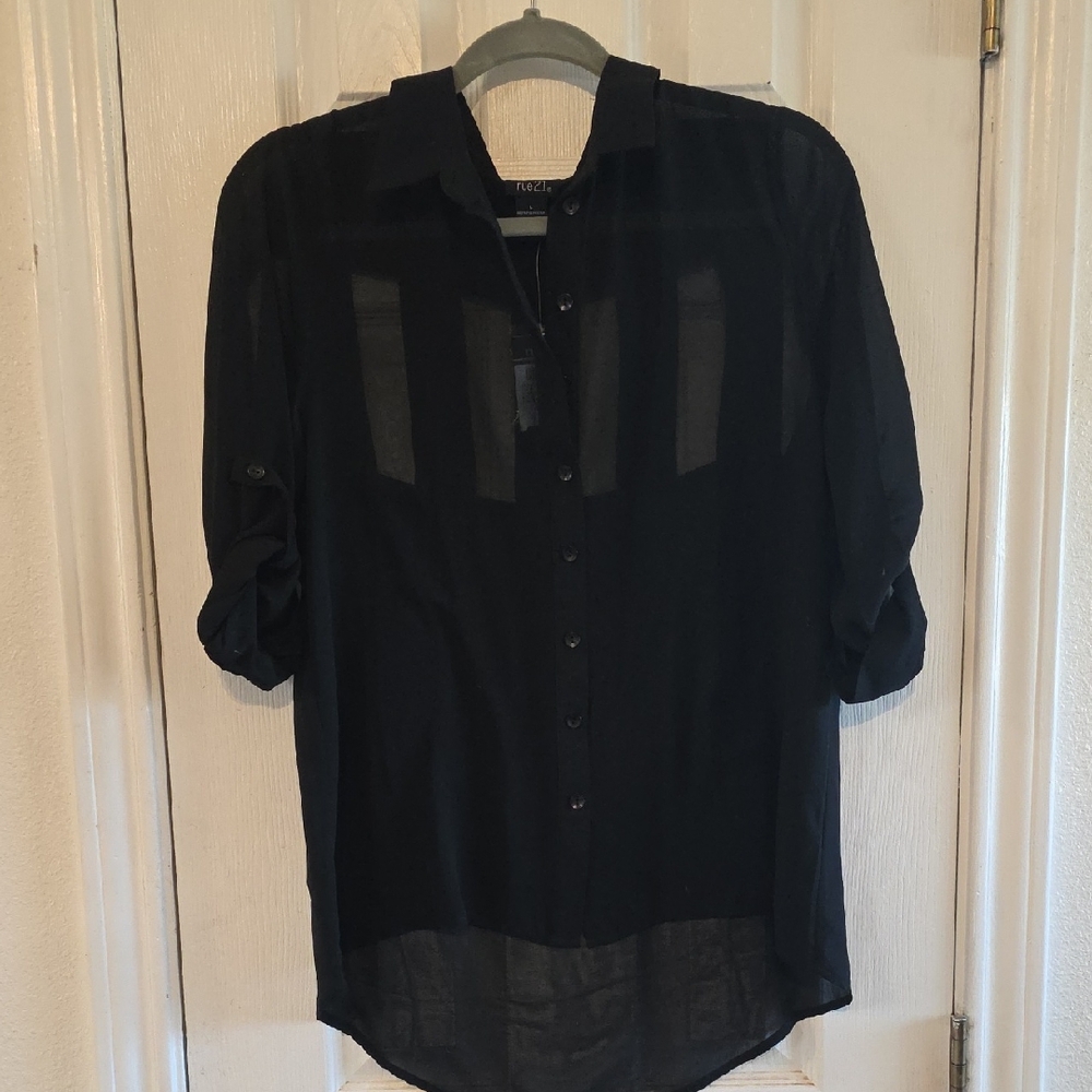 NWT Black Sheer Button-Up Blouse